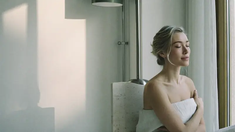 A client resting in soft window light in a Sölv treatment room